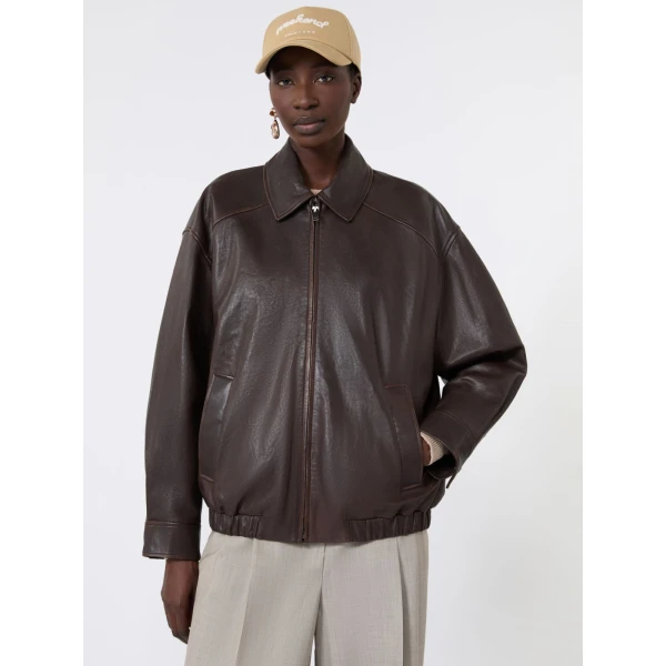 Max Mara Cose Nappa Leather Bomber Jacket in Dark Brown | Leather Jackets | Luxury Shoes 