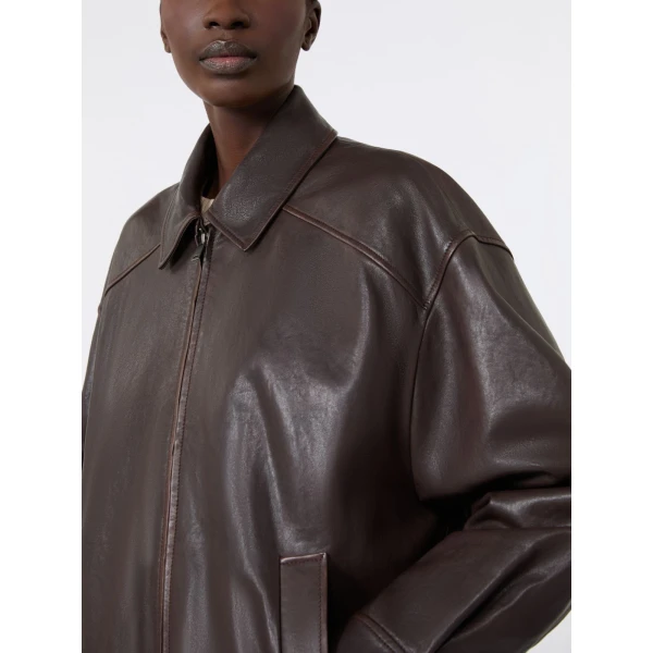 Max Mara Cose Nappa Leather Bomber Jacket in Dark Brown | Leather Jackets | Luxury Shoes 