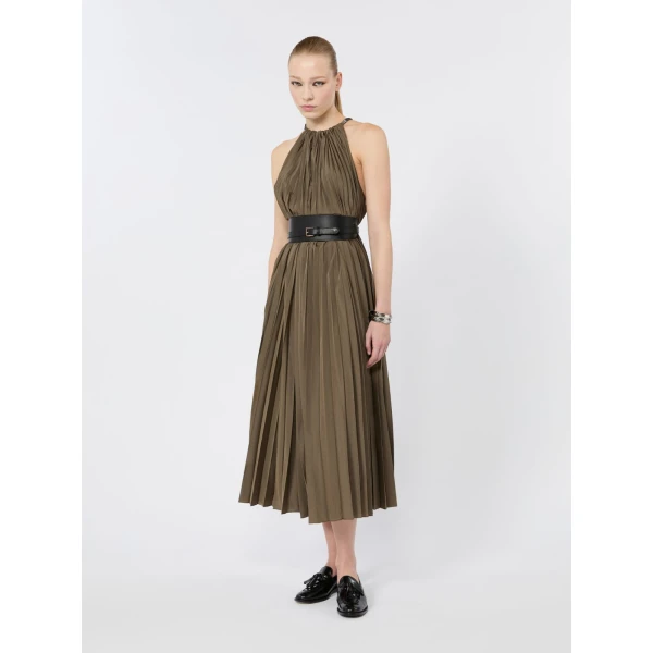 Max Mara Costone Sleeveless Plisse Taffeta Dress in Mud | Maxi Dresses | Luxury Shoes 
