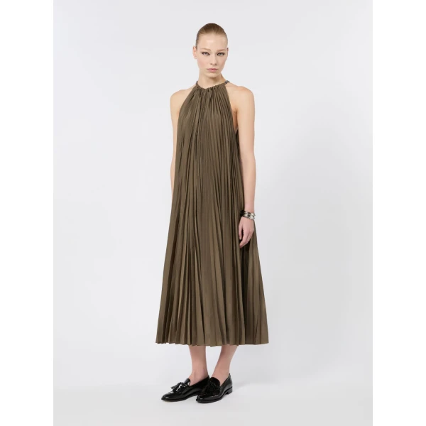 Max Mara Costone Sleeveless Plisse Taffeta Dress in Mud | Maxi Dresses | Luxury Shoes 
