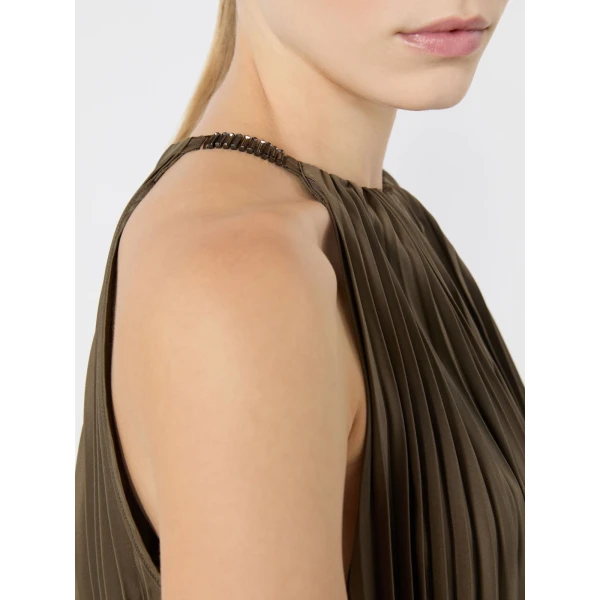 Max Mara Costone Sleeveless Plisse Taffeta Dress in Mud | Maxi Dresses | Luxury Shoes 
