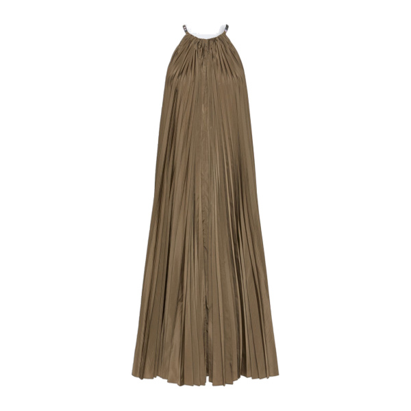 Max Mara Costone Sleeveless Plisse Taffeta Dress in Mud | Maxi Dresses | Luxury Shoes 