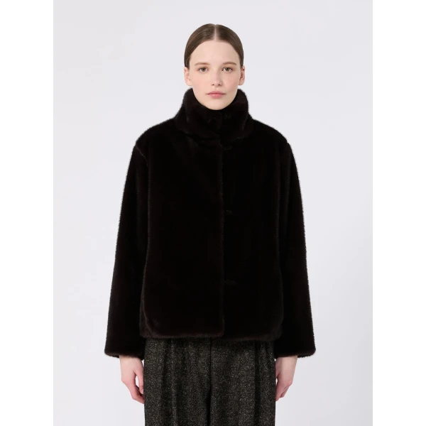 Max Mara Crea Fluffy-Textured Cropped Coat in Dark Brown | Coats | Luxury Shoes 
