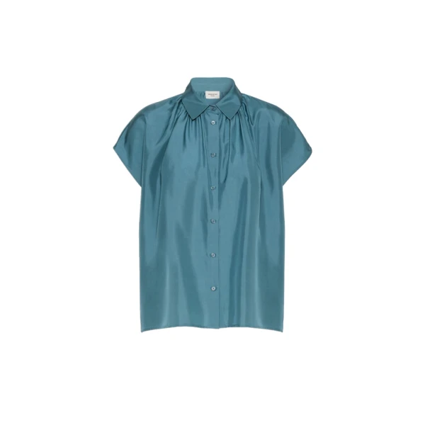 Crine Sleeveless Habotai Silk Shirt in Light Blue