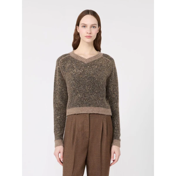 Max Mara Cropped Alpaca-Blend Sequin Jumper in Marron Glace | Sweaters | Luxury Shoes 