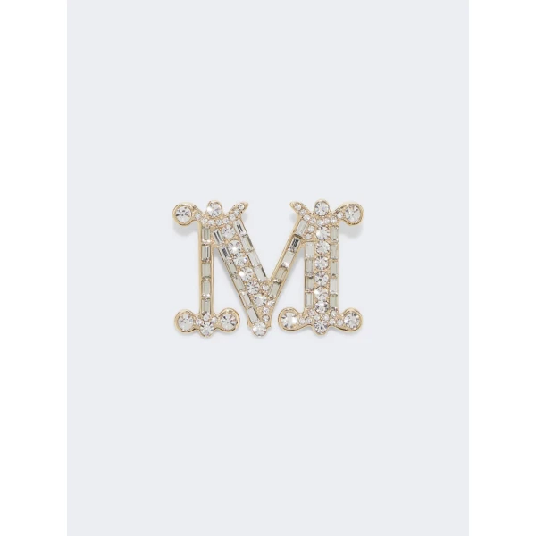 Max Mara Crystal Monogram Brooch in Optical White | Brooches & Pins | Luxury Shoes 