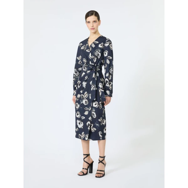 Max Mara Diadema Printed Poplin Wrap Dress in Ultramarine | Midi Dresses | Luxury Shoes 