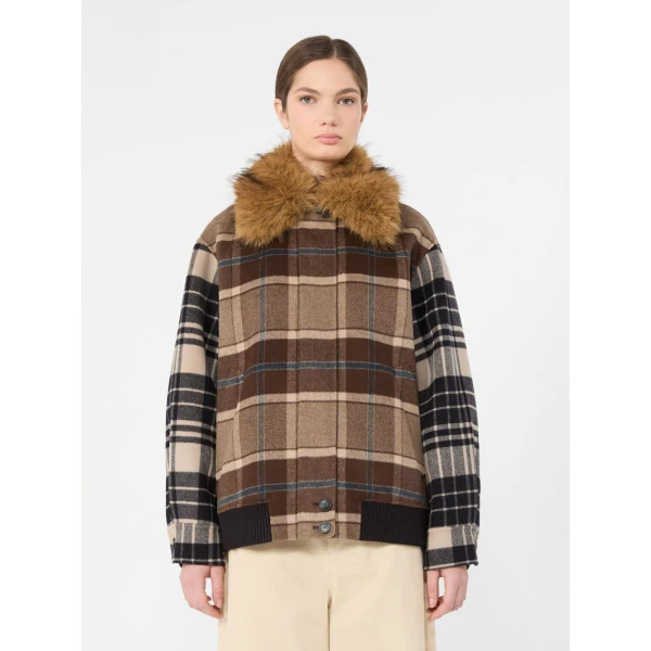 Max Mara Divina Checked Wool Bomber Jacket in Brown | Jackets | Luxury Shoes 