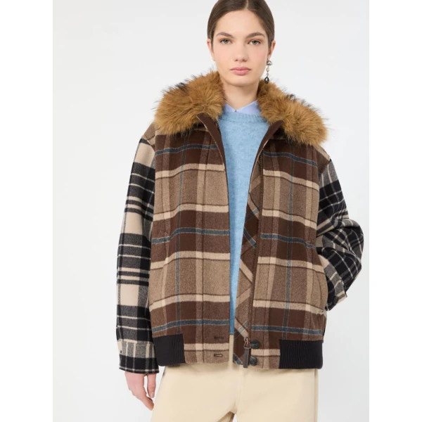 Max Mara Divina Checked Wool Bomber Jacket in Brown | Jackets | Luxury Shoes 