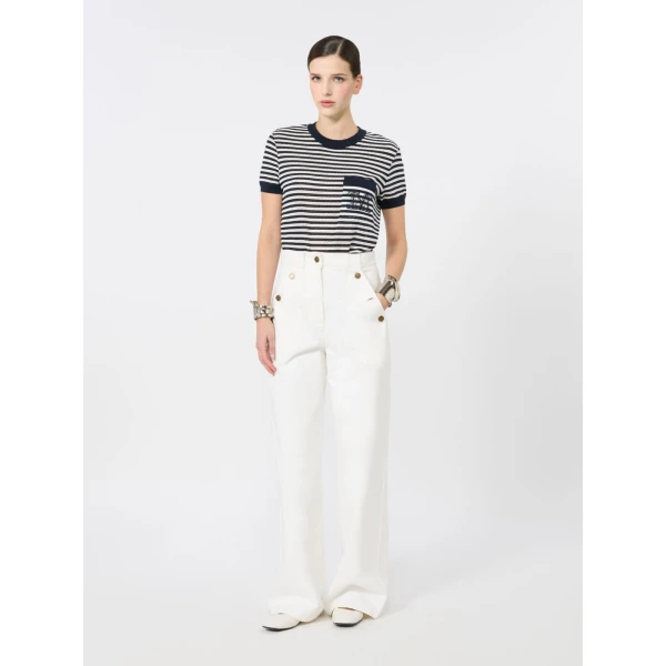 Max Mara Drago Striped Cotton Mesh T-Shirt in White Blue | T-shirts | Luxury Shoes 