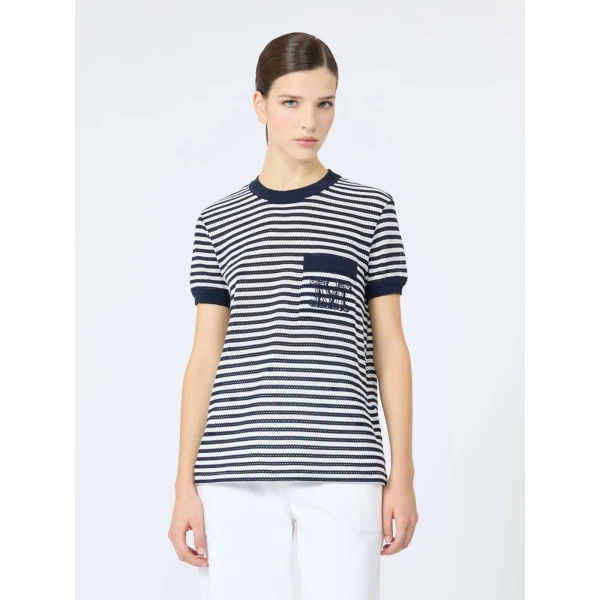 Max Mara Drago Striped Cotton Mesh T-Shirt in White Blue | T-shirts | Luxury Shoes 