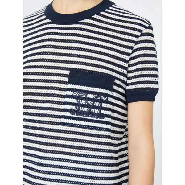 Max Mara Drago Striped Cotton Mesh T-Shirt in White Blue | T-shirts | Luxury Shoes 