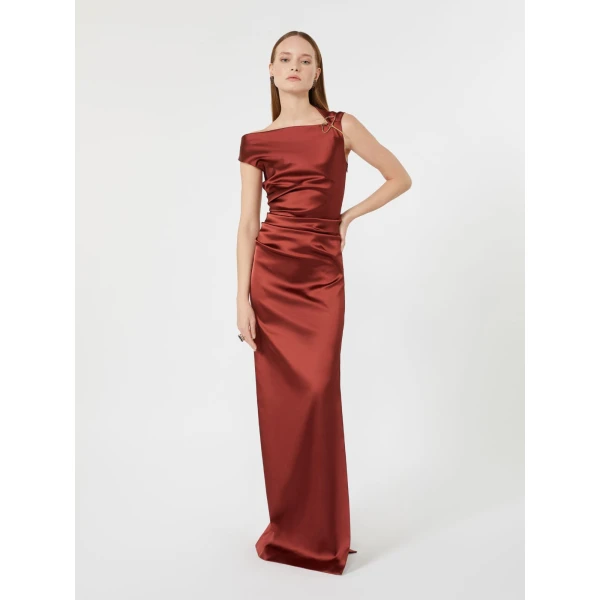 Max Mara Dream Long Stretch Satin Dress in Antique Rose | Evening Gowns | Luxury Shoes 