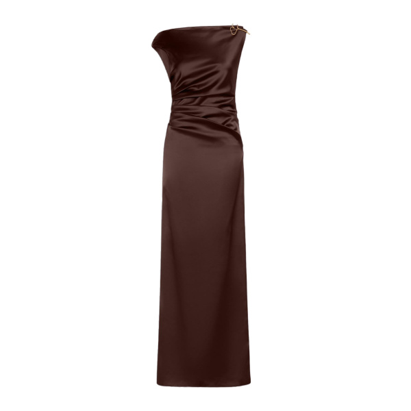 Max Mara Dream Long Stretch Satin Dress in Dark Brown | Evening Gowns | Luxury Shoes 