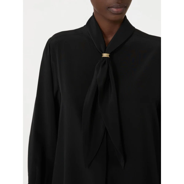 Max Mara Dry Silk Shirt with Scarf Detail in Black | Shirts | Luxury Shoes 