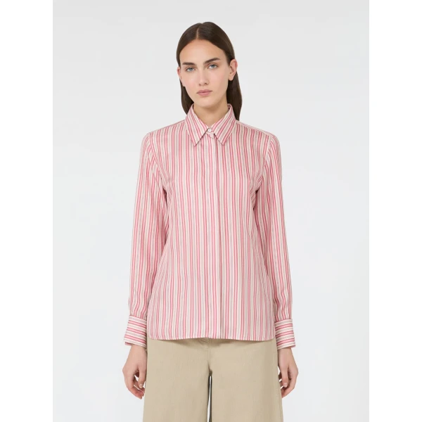 Max Mara Eccesso Stripe-Print Silk Shirt in Pink Red | Shirts | Luxury Shoes 