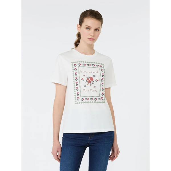 Max Mara Edison Printed Cotton T-Shirt in White | T-shirts | Luxury Shoes 