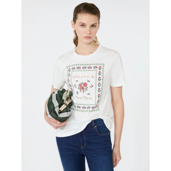 Max Mara Edison Printed Cotton T-Shirt in White | T-shirts | Luxury Shoes 