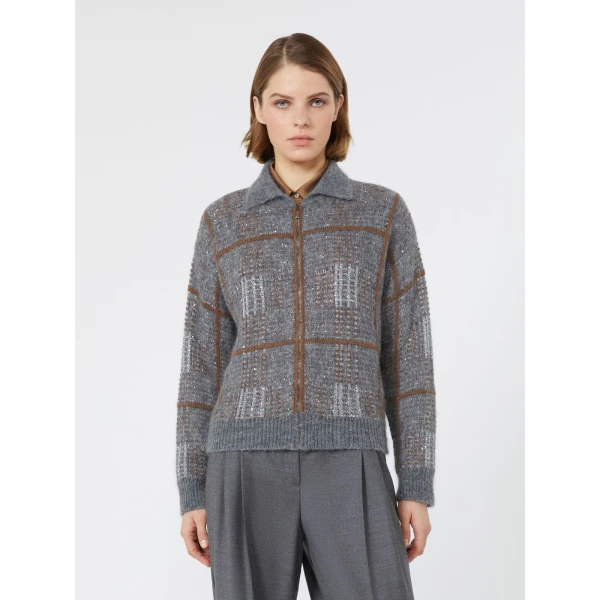 Max Mara Egizio Jacquard Wool, Mohair and Cashmere Cardigan in Medium Grey | Cardigan | Luxury Shoes 