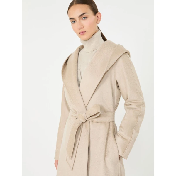 Max Mara Elegia Hooded Cashmere Robe Coat in Sand | Wool Coat | Luxury Shoes 