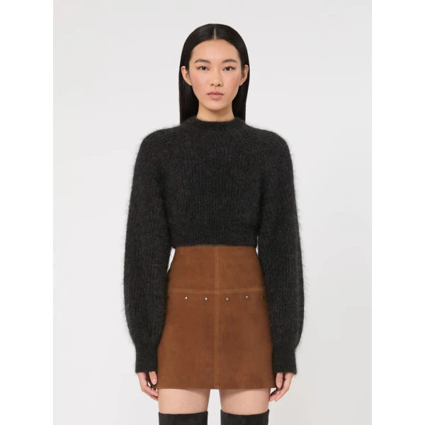 Max Mara Eliche Melange Mohair Cropped Jumper in Dark Grey | Sweaters | Luxury Shoes 