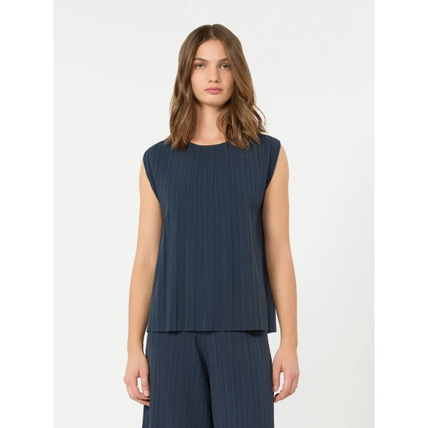Max Mara Ere Plisse Viscose Sleeveless Jumper in Navy | Sweaters | Luxury Shoes 