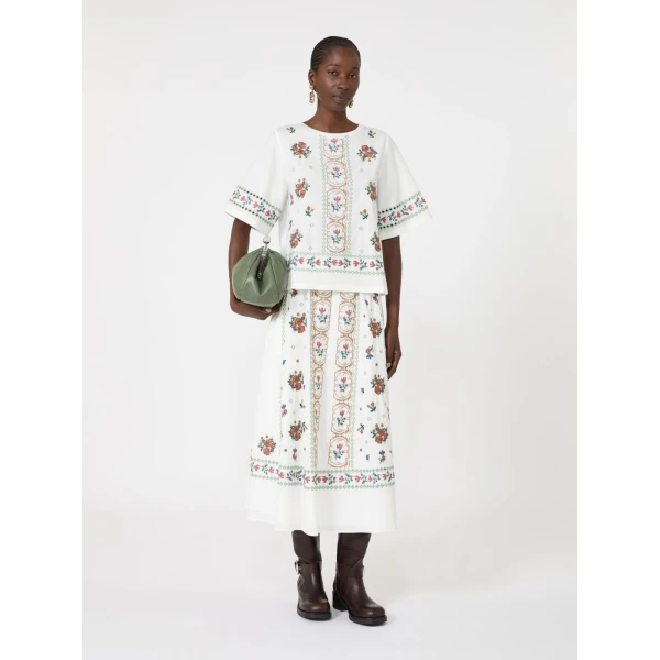 Max Mara Falla Long Embroidered Cotton Skirt in White | Maxi Skirts | Luxury Shoes 