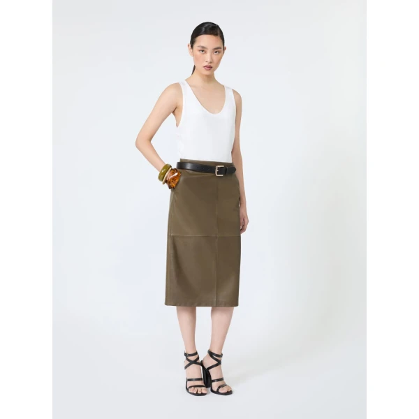 Max Mara Fantino Natural Nappa Leather Pencil Skirt in Khaki | Leather Skirts | Luxury Shoes 