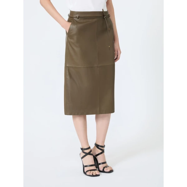 Max Mara Fantino Natural Nappa Leather Pencil Skirt in Khaki | Leather Skirts | Luxury Shoes 