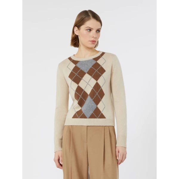 Max Mara Faraone Argyle Wool and Cashmere Sweater in Ecru | Sweaters | Luxury Shoes 