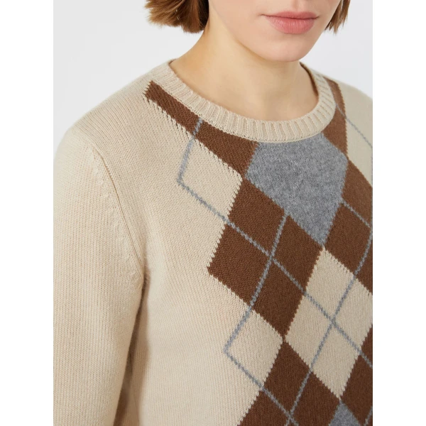 Max Mara Faraone Argyle Wool and Cashmere Sweater in Ecru | Sweaters | Luxury Shoes 