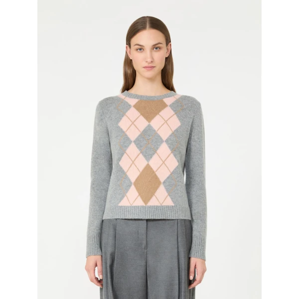 Max Mara Faraone Argyle Wool and Cashmere Sweater in Light Grey | Sweaters | Luxury Shoes 
