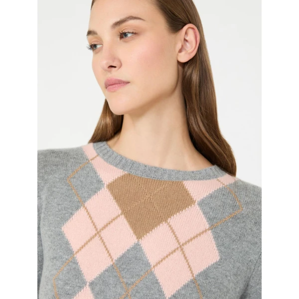 Max Mara Faraone Argyle Wool and Cashmere Sweater in Light Grey | Sweaters | Luxury Shoes 