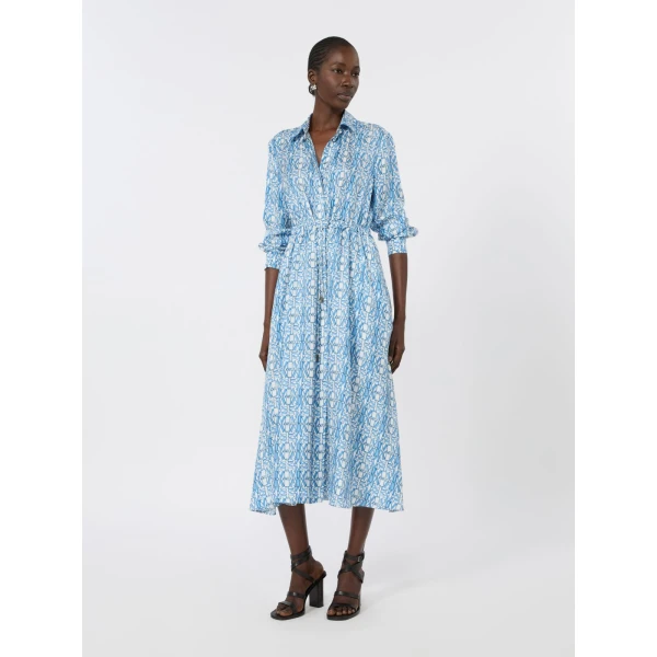Max Mara Faraone Long Printed Silk Shirt Dress in Ocean Blue | Shirtdress | Luxury Shoes 