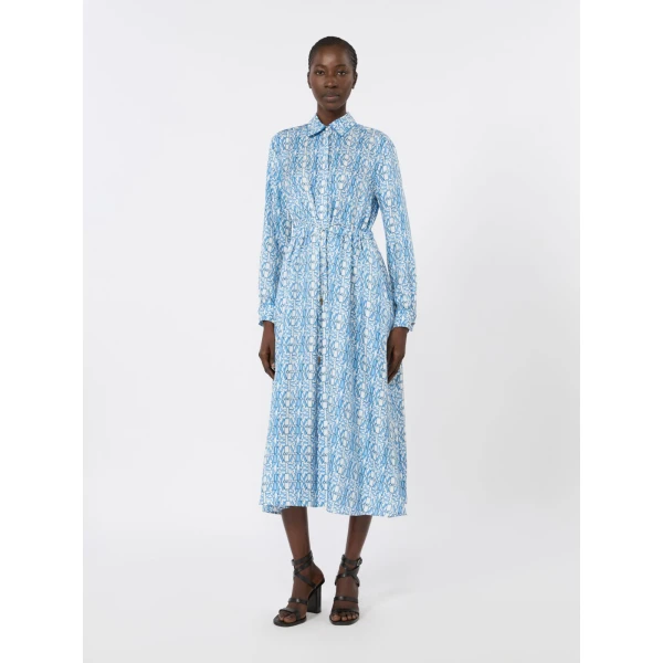 Max Mara Faraone Long Printed Silk Shirt Dress in Ocean Blue | Shirtdress | Luxury Shoes 
