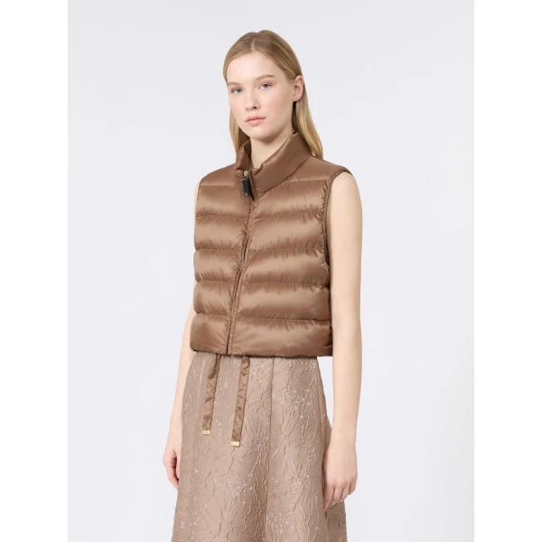Max Mara Favilla Water-Repellent Padded Cropped Gilet in Honey | Vests | Luxury Shoes 