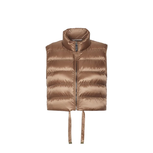 Max Mara Favilla Water-Repellent Padded Cropped Gilet in Honey | Vests | Luxury Shoes 