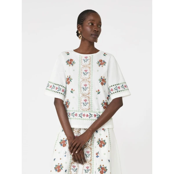 Max Mara Feltre Embroidered T-Shirt in White | T-shirts | Luxury Shoes 