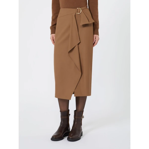 Max Mara Fenice Draped Wool Twill Pencil Skirt in Tobacco | Pencil Skirts | Luxury Shoes 