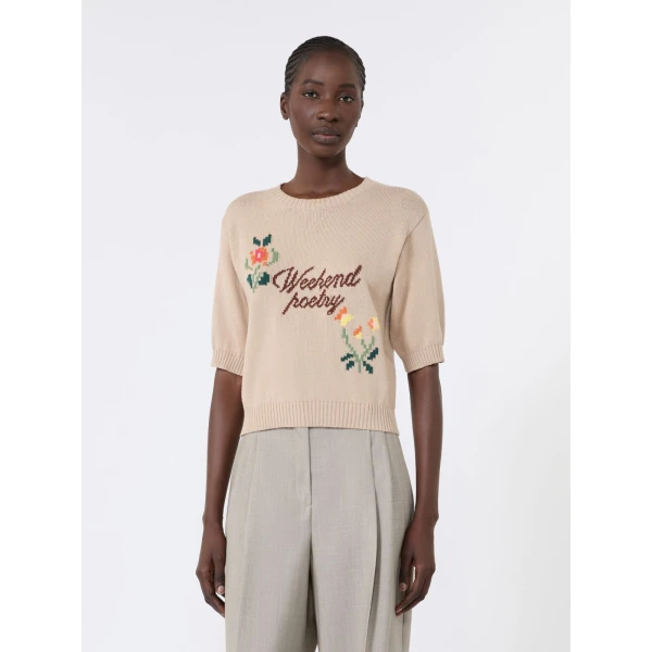 Max Mara Fiacre Embroidered Cotton Jumper in Sand | Sweaters | Luxury Shoes 