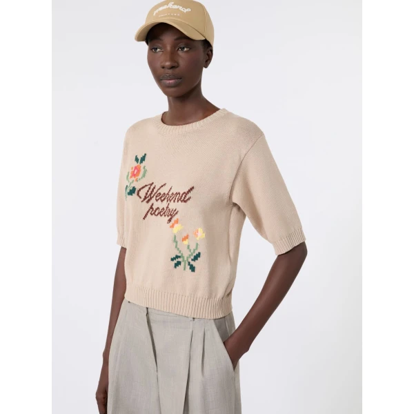 Max Mara Fiacre Embroidered Cotton Jumper in Sand | Sweaters | Luxury Shoes 
