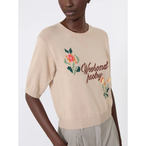 Max Mara Fiacre Embroidered Cotton Jumper in Sand | Sweaters | Luxury Shoes 