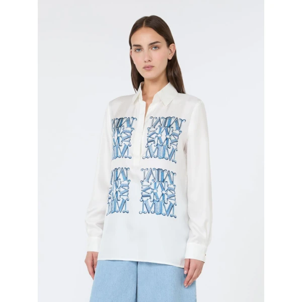 Max Mara Filtro Silk Print Shirt in Ocean Blue | Shirts | Luxury Shoes 