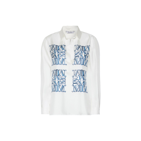 Max Mara Filtro Silk Print Shirt in Ocean Blue | Shirts | Luxury Shoes 