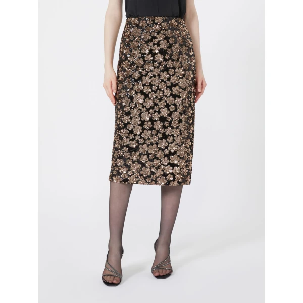 Max Mara Finito Embroidered Tulle Pencil Skirt in Bronze | Pencil Skirts | Luxury Shoes 