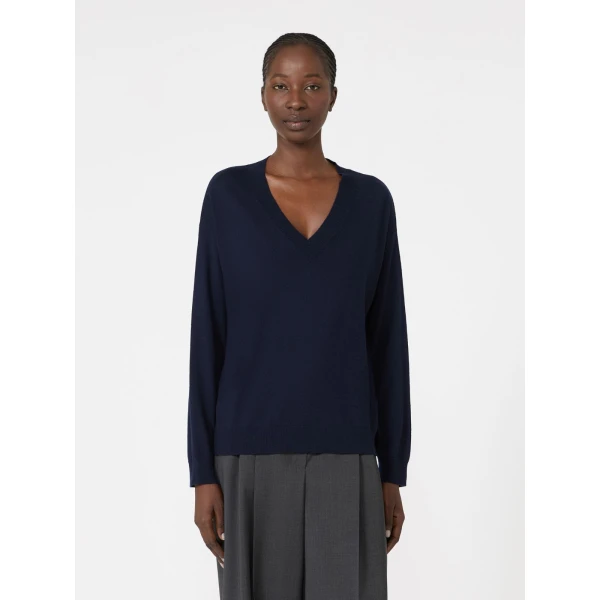 Max Mara Fiocchi Wool and Cashmere V Neck Jumper in Navy | Sweaters | Luxury Shoes 