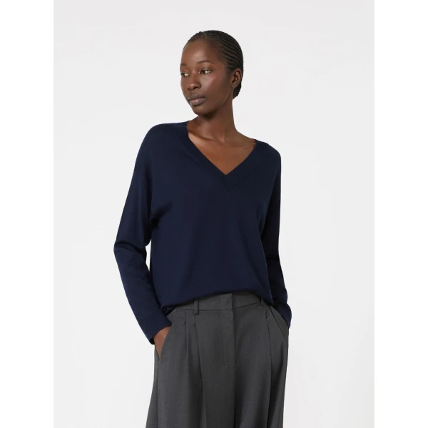 Max Mara Fiocchi Wool and Cashmere V Neck Jumper in Navy | Sweaters | Luxury Shoes 