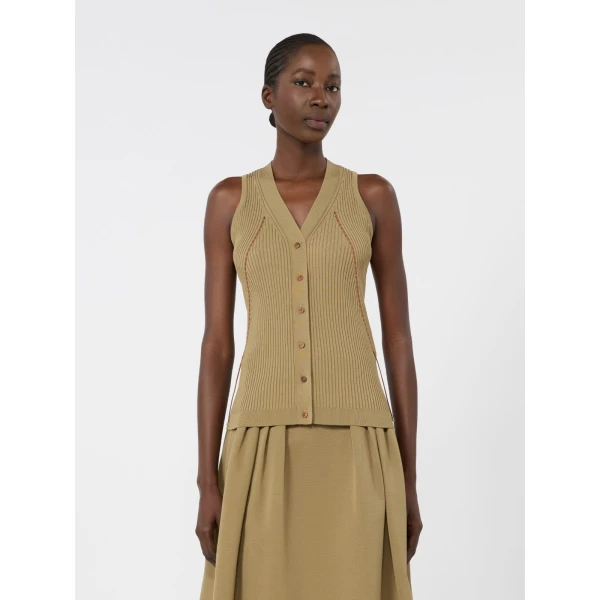 Max Mara Fiorire Cotton and Viscose Gilet in Khaki | Sweaters | Luxury Shoes 