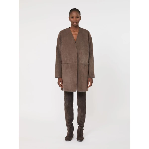 Max Mara Flirt Suede Overcoat in Mud | Leather Coats | Luxury Shoes 