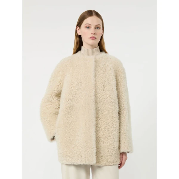 Max Mara Foglia Sheepskin Cocoon Coat in Albino White | Fur Coats | Luxury Shoes 